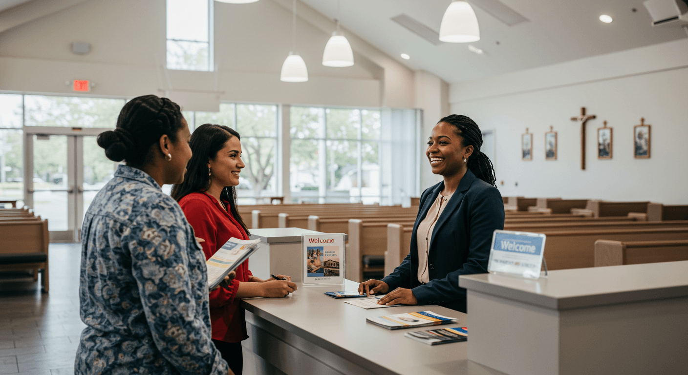 Woman welcoming new comers to church