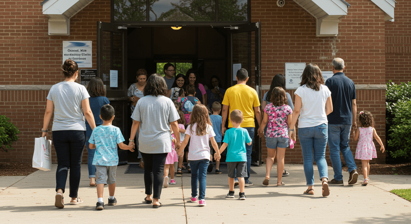 Group of people, including children walking into a church