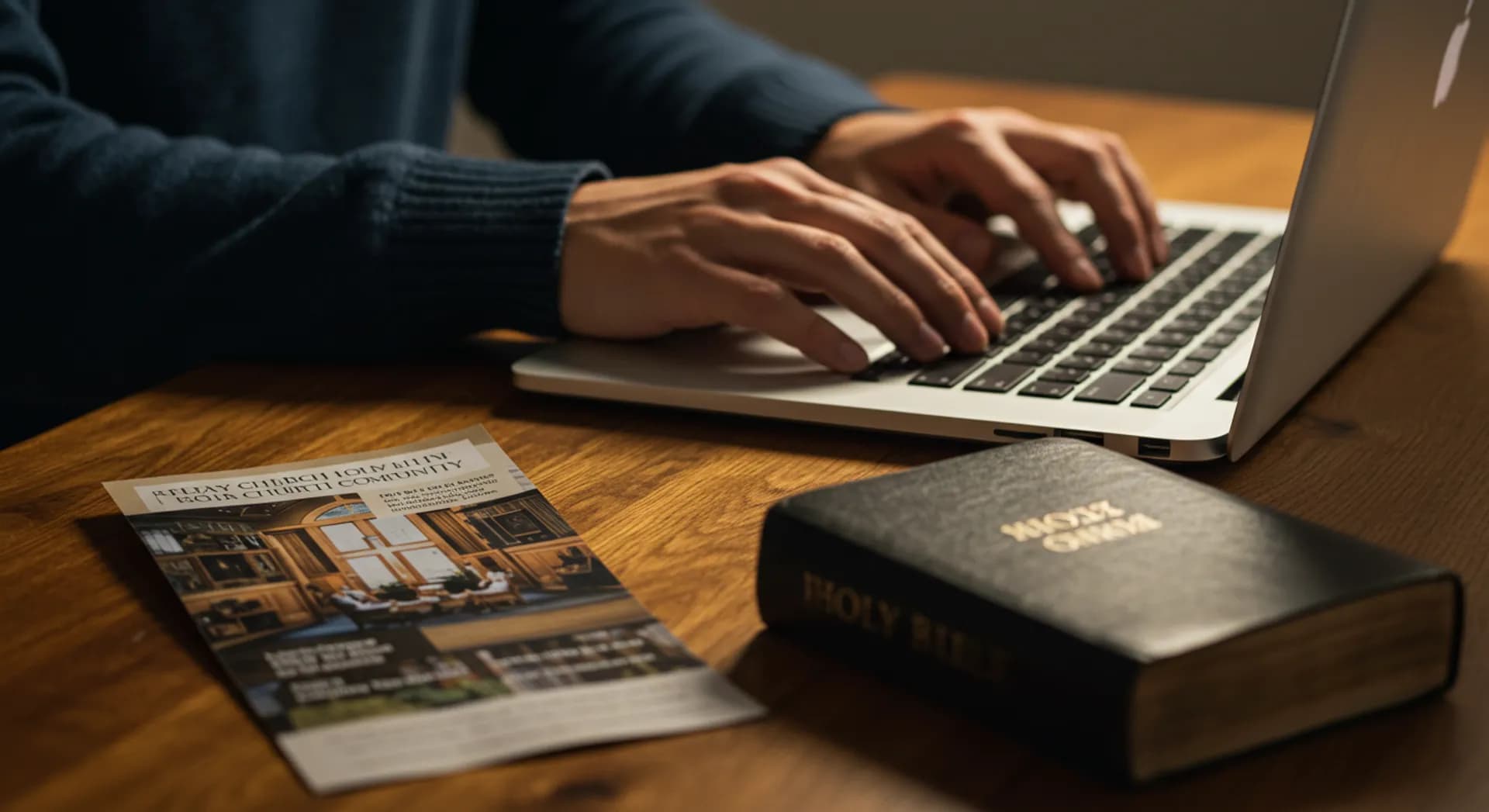 Man having typing on a laptop with a bible and religious magazine on the table